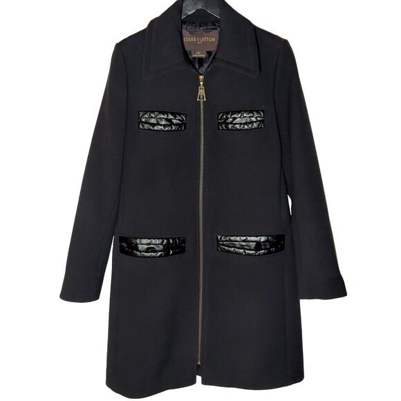 Louis Vuitton Leather Trim Black Wool Coat - Picture 1 of 10